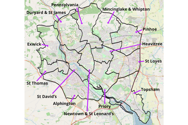 A map of all 13 Exeter City Council wards with labels
