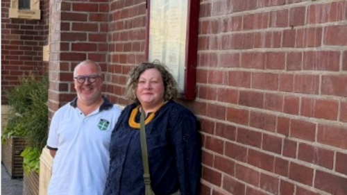 Cllrs Kevin Mitchell and Tammy Palmer in front of the Methodist Church on Sidwell Street