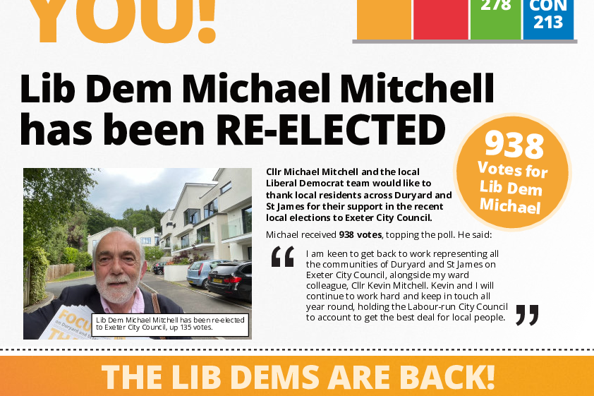 A Thank You Focus Newsletter following the May 2023 Exeter City Council elections in which Michael Mitchell was re-elected for Duryard & St James