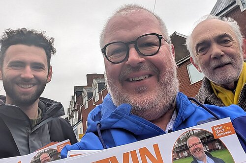 Will, Kevin and Michael knocking on doors in Exeter