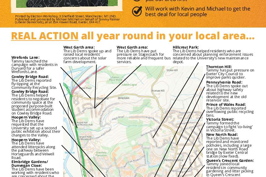 An election leaflet for Tammy Palmer that contains a map with lots of examples of Lib Dem casework from the past year