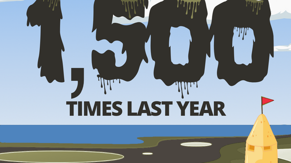 Seaside graphic with dodgy looking water and the words: 'Sewage was dumped on blue flag beaches 1,500 times last year'