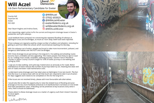 Will Aczel's letter to Devon County Council over subway flooding issues in Exeter, with flooded images on the right.
