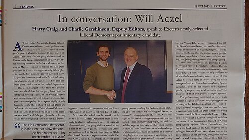 Student newspaper, Exepose, page 9. In conversation: Will Aczel.