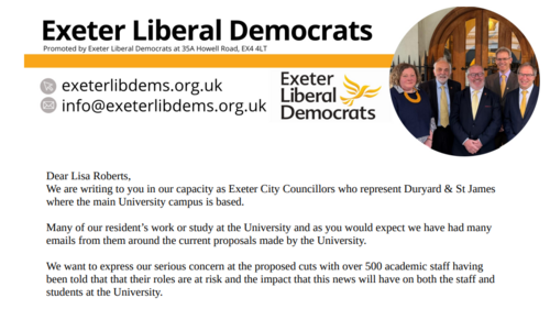 Start of open letter from Exeter Lib Dem Duryard & St James Councillors to Lisa Roberts at the University of Exeter