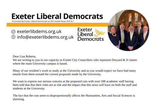 Start of open letter from Exeter Lib Dem Duryard & St James Councillors to Lisa Roberts at the University of Exeter
